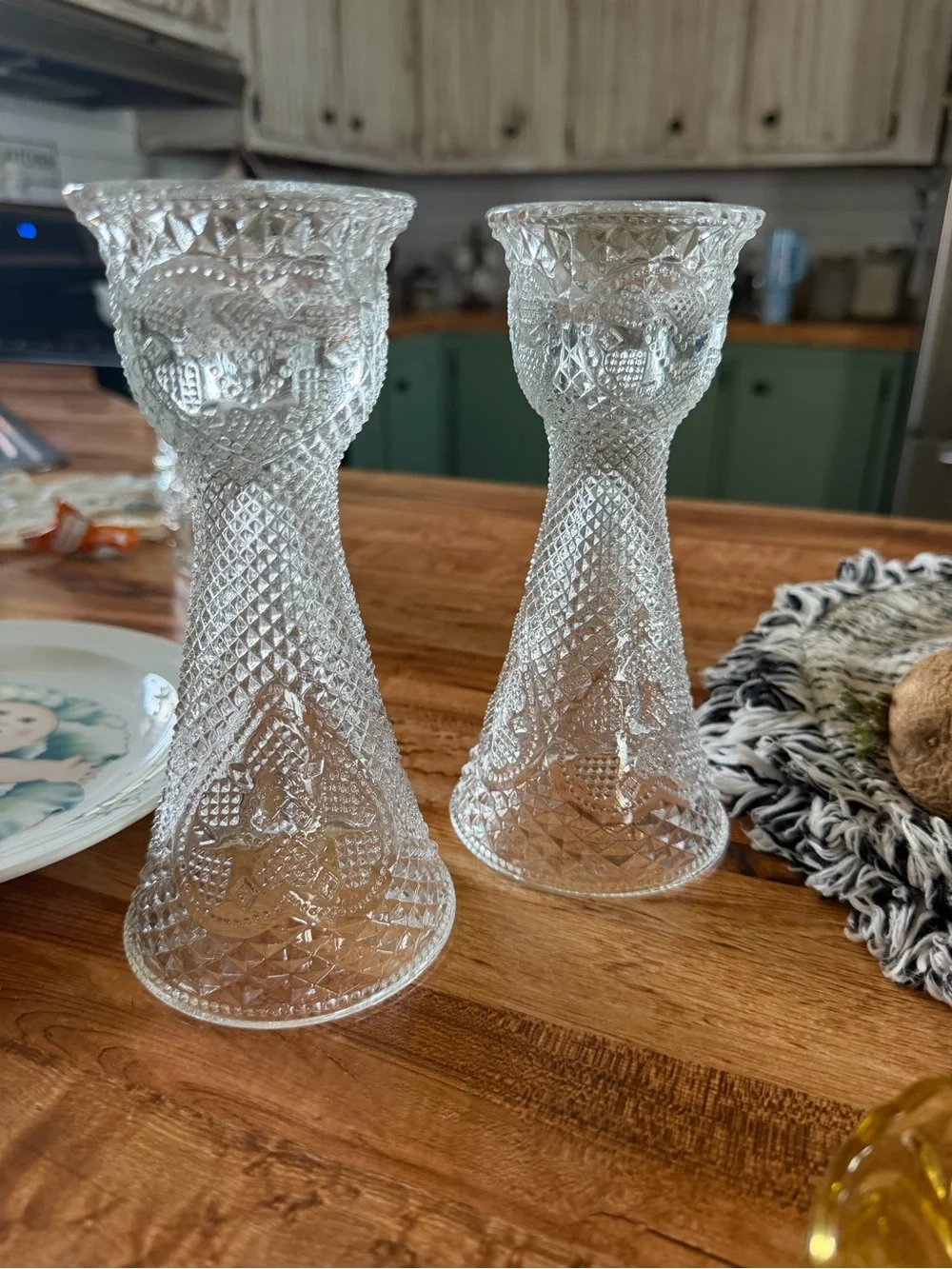 Clear Pressed Fenton Glass Candlestick Holders - Pair